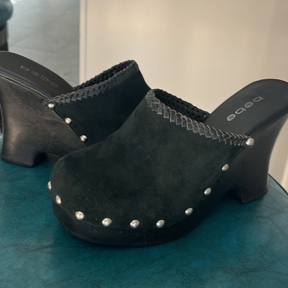Bebe Rare Vintage Leather Studded Wood Clogs Y2K - Picture 16 of 16
